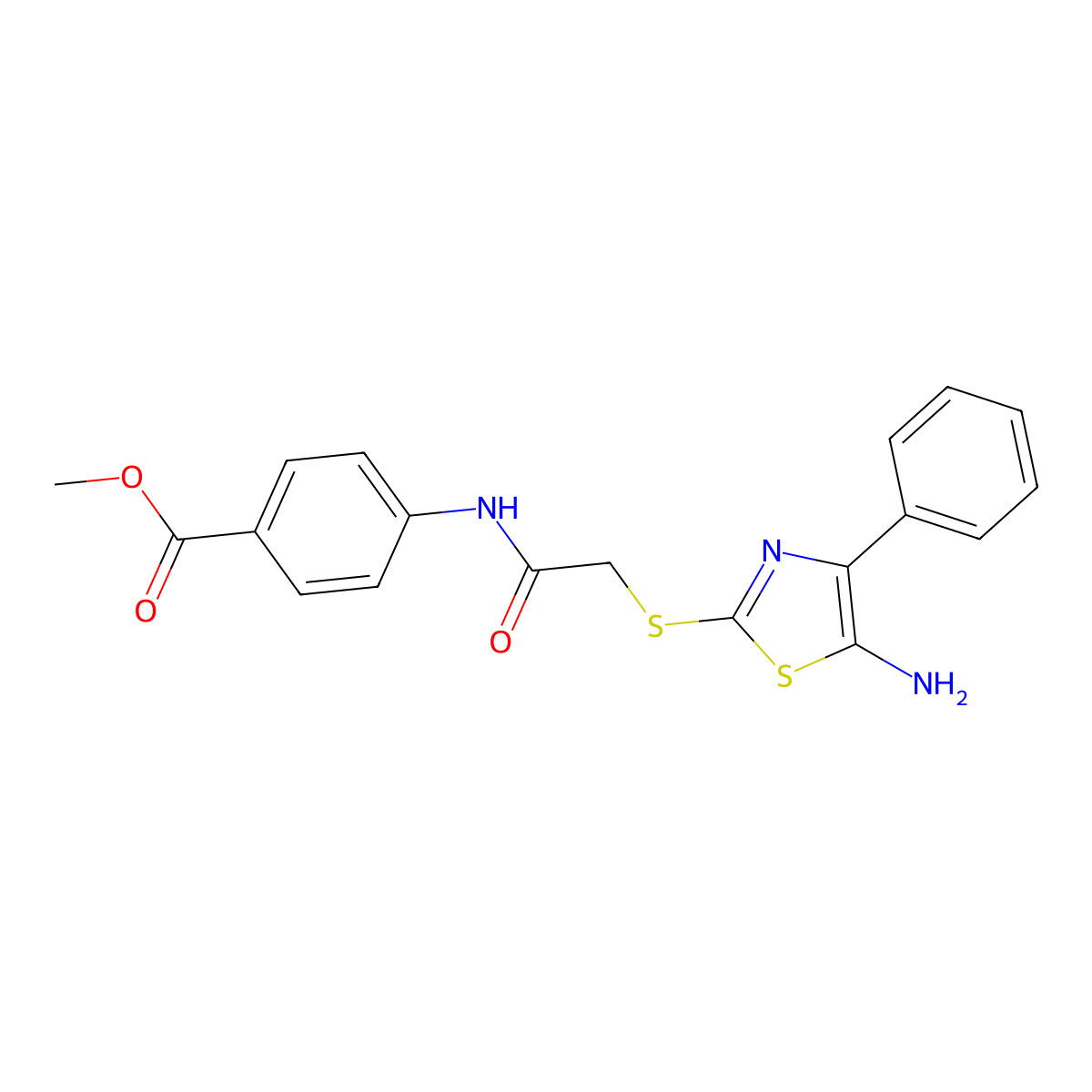 Methyl 4-(2-((5-amino-4-phenylthiazol-2-yl)thio)acetamido)benzoate molecular structure, CAS 1021223-11-9