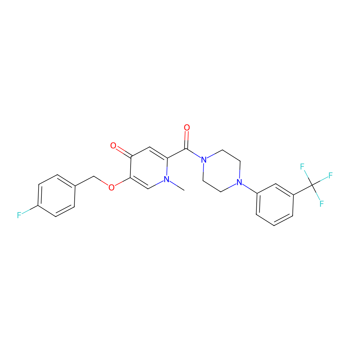 5-((4-fluorobenzyl)oxy)-1-methyl-2-(4-(3-(trifluoromethyl)phenyl)piperazine-1-carbonyl)pyridin-4(1H)-one molecular structure, CAS 1021223-19-7