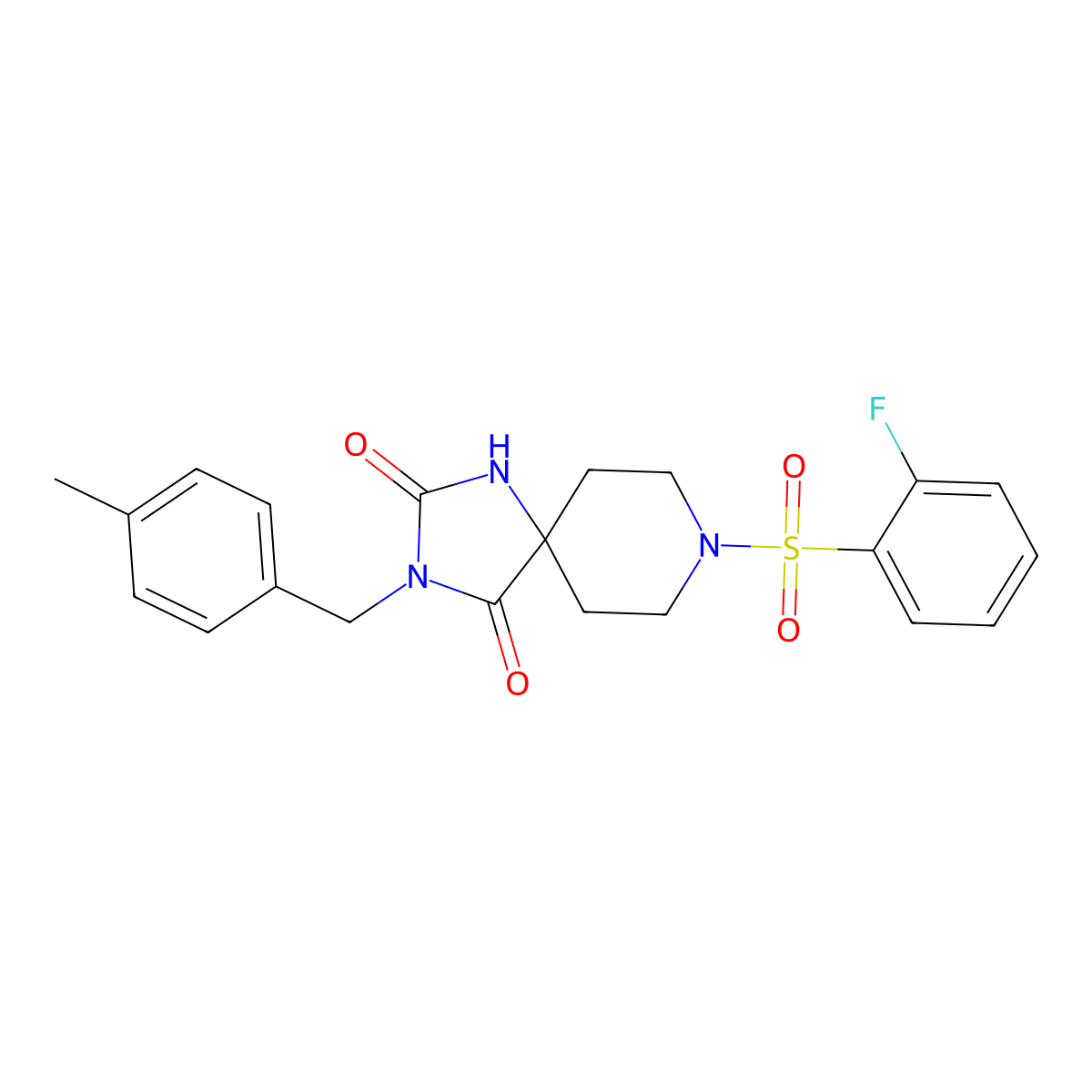 8-(2-Fluorobenzenesulfonyl)-3-[(4-methylphenyl)methyl]-1,3,8-triazaspiro[4.5]decane-2,4-dione molecular structure, CAS 1021223-36-8