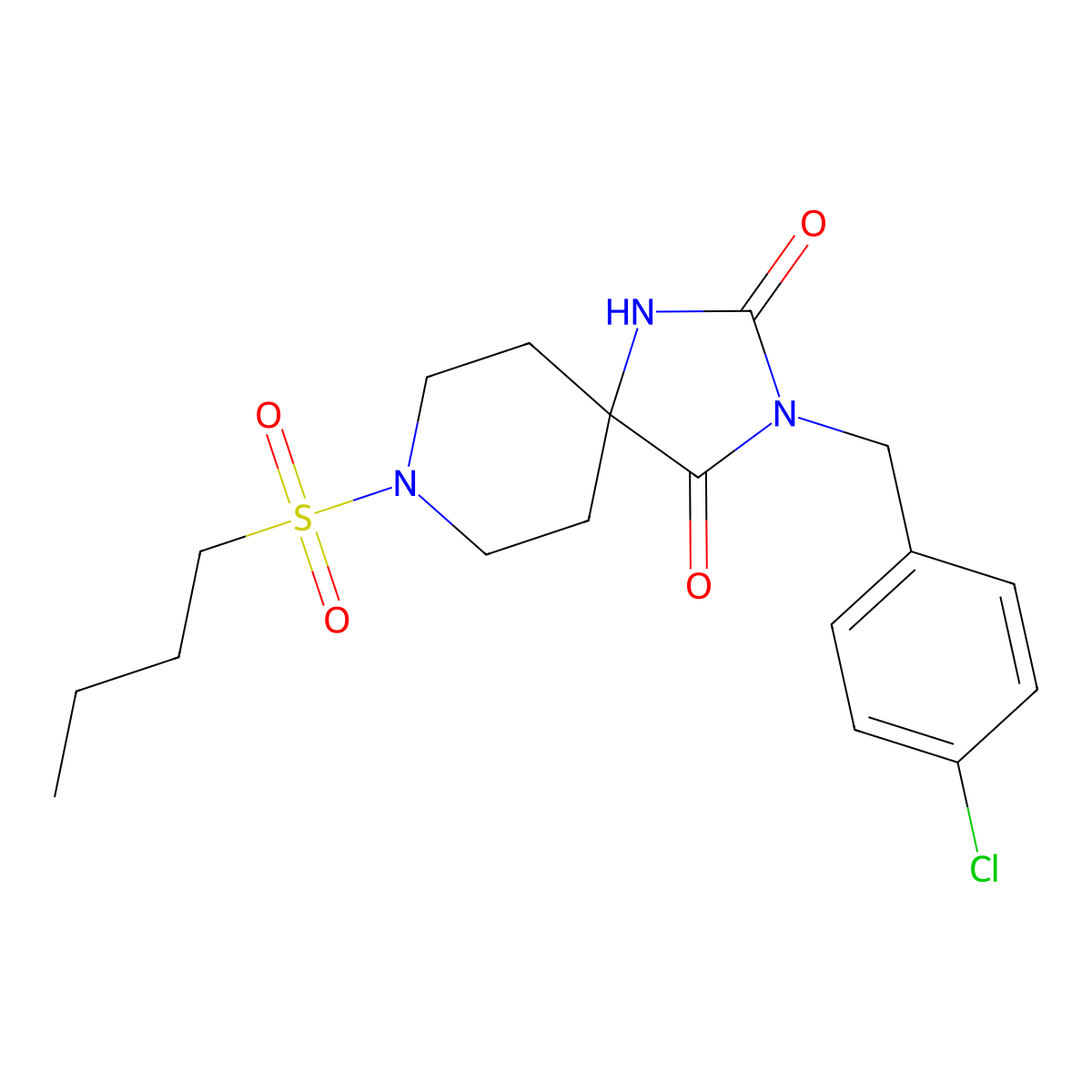8-(Butane-1-sulfonyl)-3-[(4-chlorophenyl)methyl]-1,3,8-triazaspiro[4.5]decane-2,4-dione molecular structure, CAS 1021223-42-6