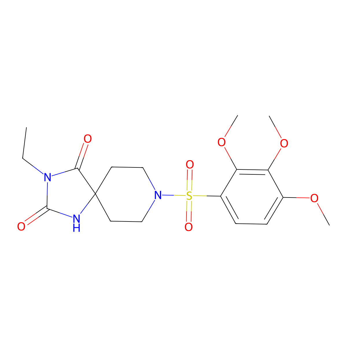 3-Ethyl-8-(2,3,4-trimethoxybenzenesulfonyl)-1,3,8-triazaspiro[4.5]decane-2,4-dione molecular structure, CAS 1021223-54-0