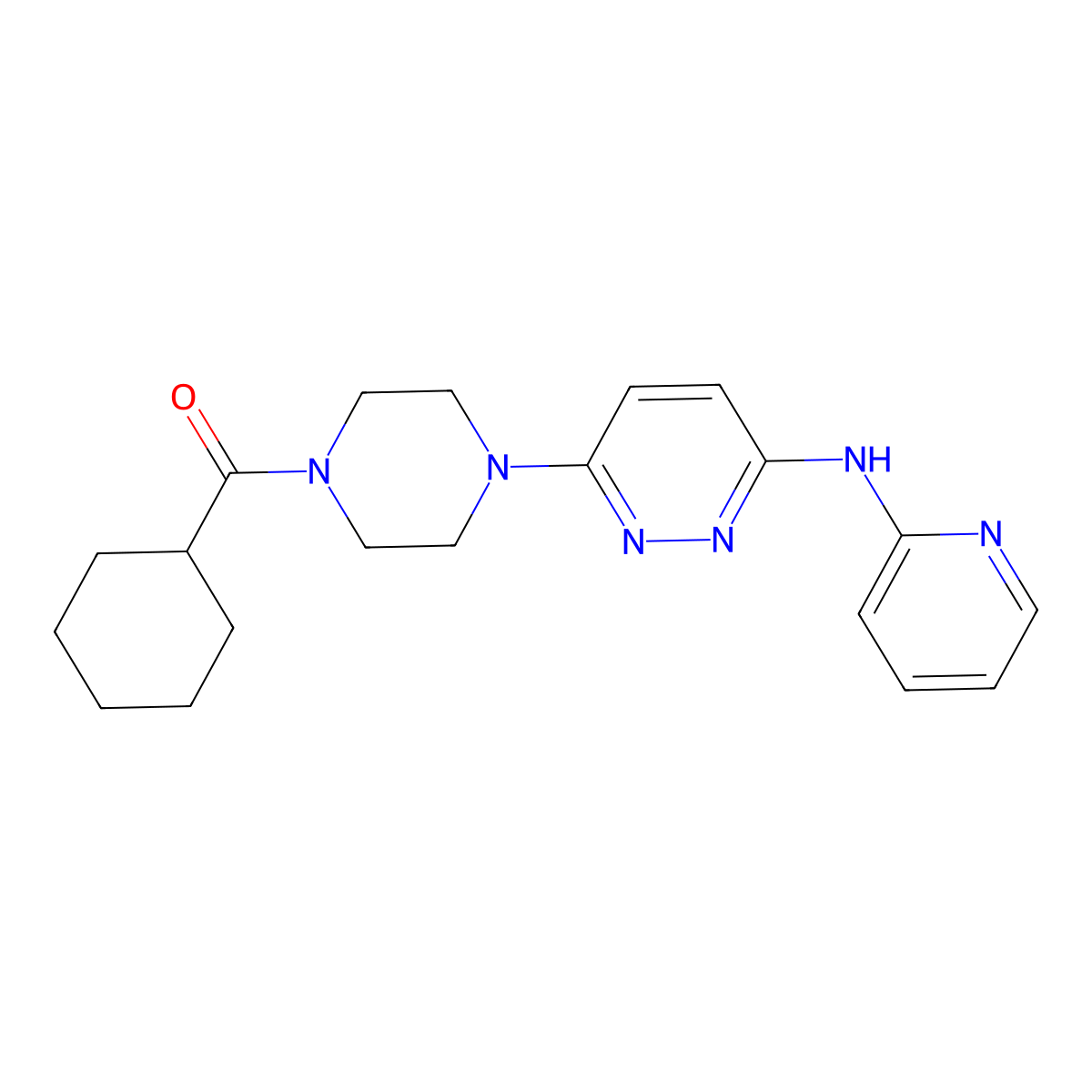 Cyclohexyl(4-(6-(pyridin-2-ylamino)pyridazin-3-yl)piperazin-1-yl)methanone molecular structure, CAS 1021223-57-3