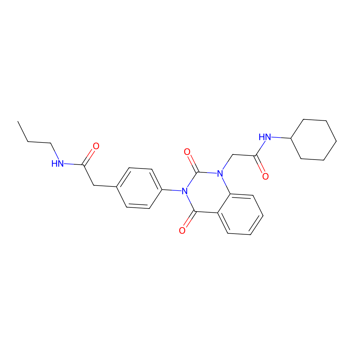 N-cyclohexyl-2-(2,4-dioxo-3-(4-(2-oxo-2-(propylamino)ethyl)phenyl)-3,4-dihydroquinazolin-1(2H)-yl)acetamide molecular structure, CAS 1021223-63-1