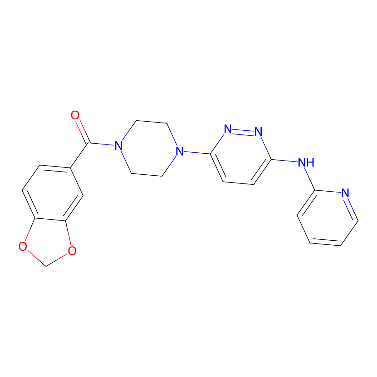 Benzo[d][1,3]dioxol-5-yl(4-(6-(pyridin-2-ylamino)pyridazin-3-yl)piperazin-1-yl)methanone molecular structure, CAS 1021223-64-2