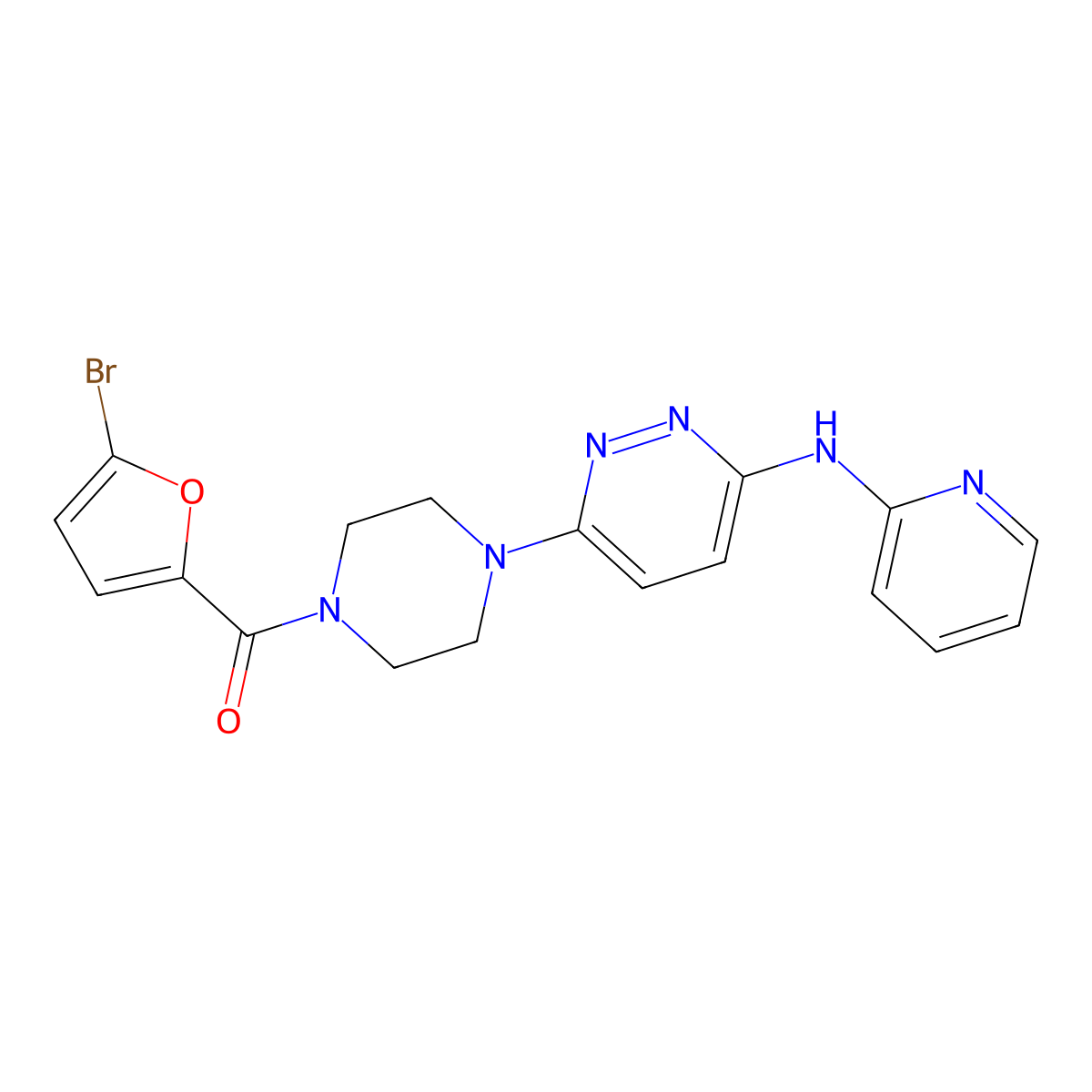 (5-Bromofuran-2-yl)(4-(6-(pyridin-2-ylamino)pyridazin-3-yl)piperazin-1-yl)methanone molecular structure, CAS 1021223-66-4