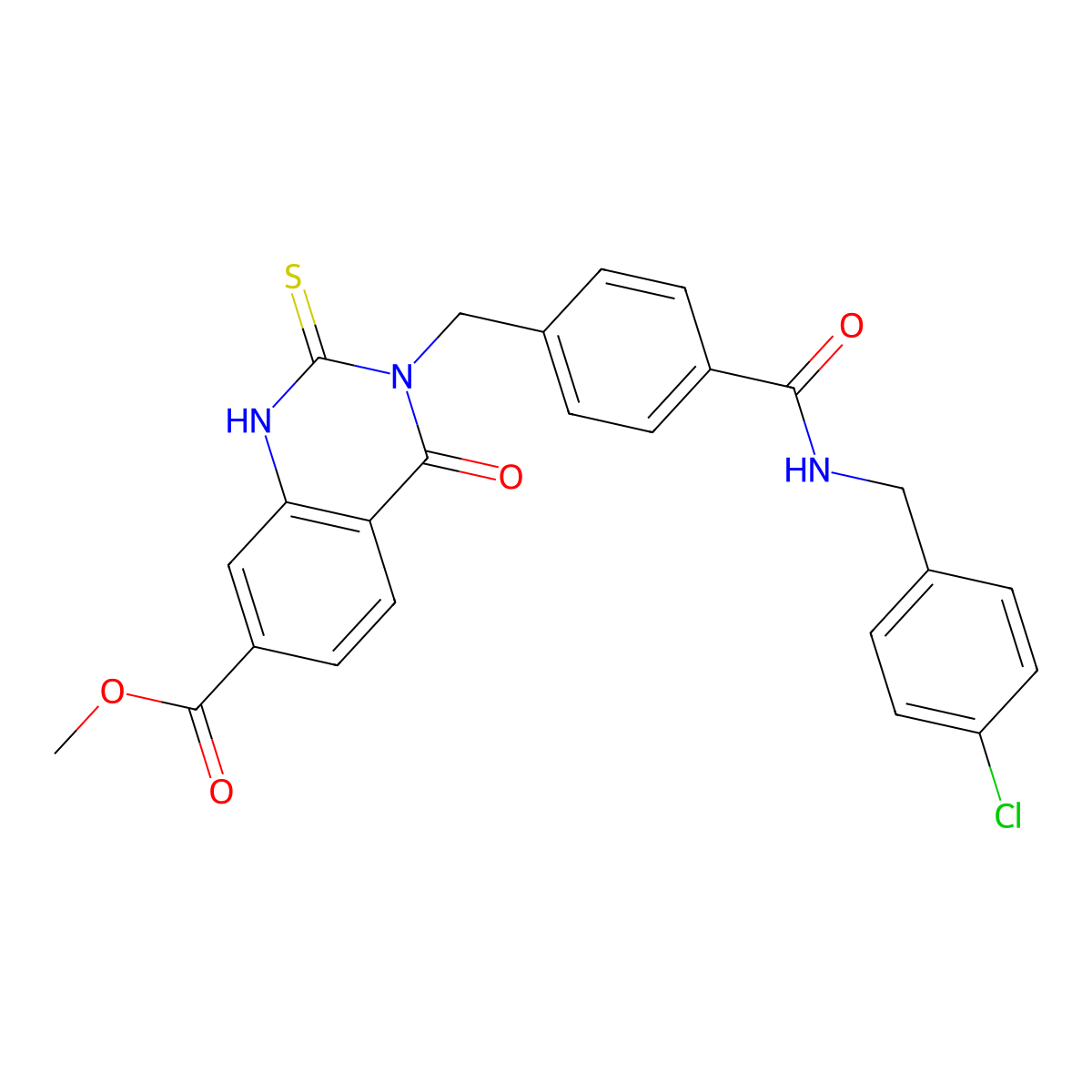 Methyl 3-[(4-{[(4-chlorophenyl)methyl]carbamoyl}phenyl)methyl]-4-oxo-2-sulfanylidene-1,2,3,4-tetrahydroquinazoline-7-carboxylate molecular structure, CAS 1021223-67-5