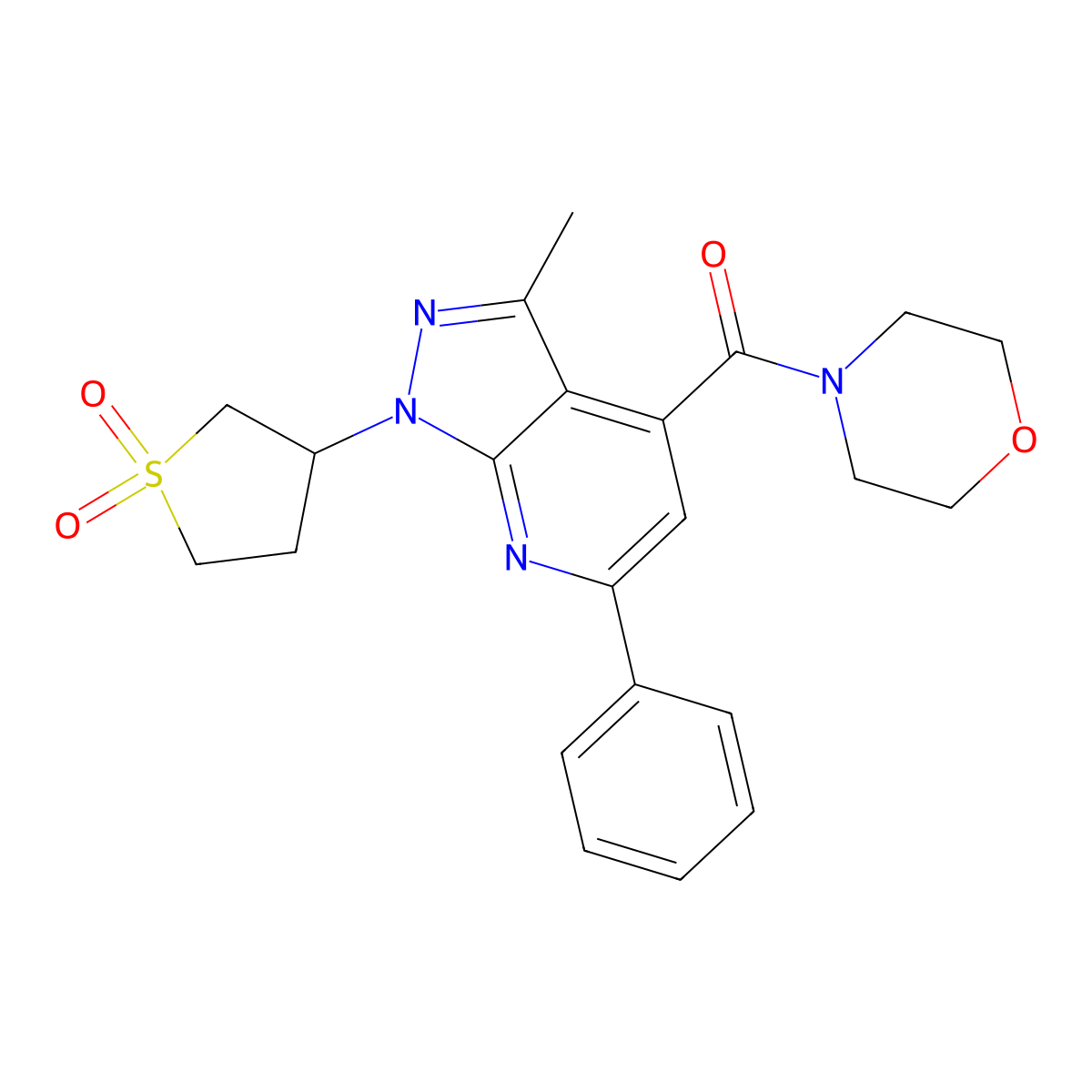 (1-(1,1-dioxidotetrahydrothiophen-3-yl)-3-methyl-6-phenyl-1H-pyrazolo[3,4-b]pyridin-4-yl)(morpholino)methanone molecular structure, CAS 1021223-68-6