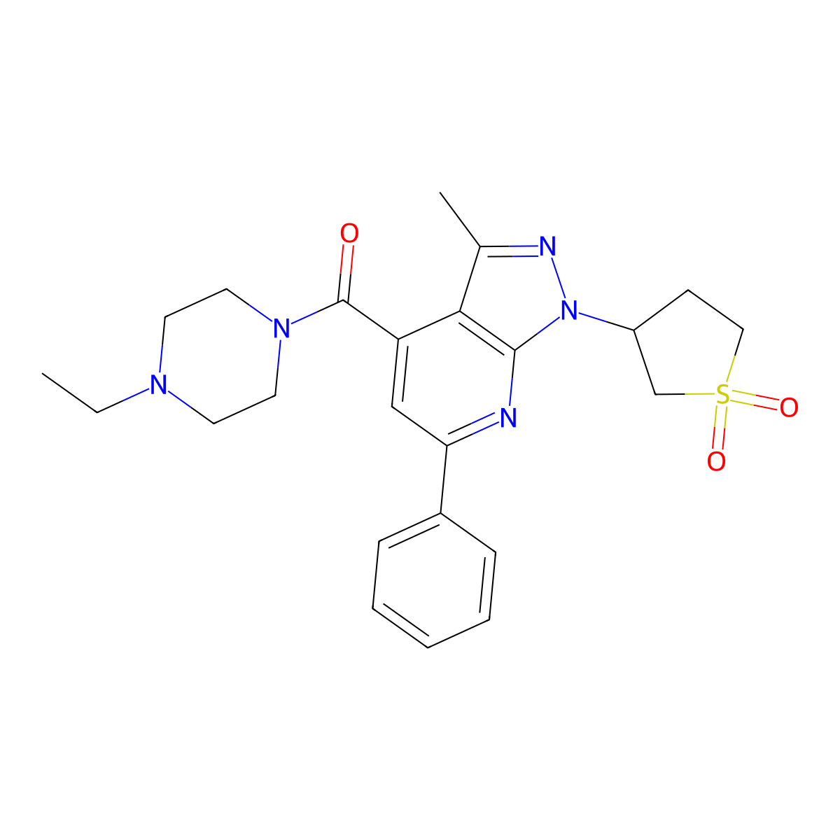 (1-(1,1-dioxidotetrahydrothiophen-3-yl)-3-methyl-6-phenyl-1H-pyrazolo[3,4-b]pyridin-4-yl)(4-ethylpiperazin-1-yl)methanone molecular structure, CAS 1021223-72-2