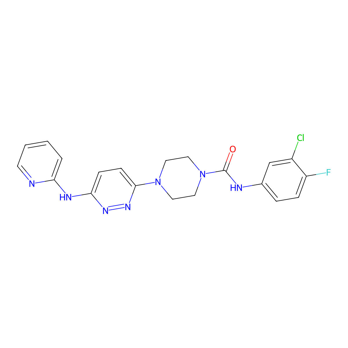 N-(3-chloro-4-fluorophenyl)-4-(6-(pyridin-2-ylamino)pyridazin-3-yl)piperazine-1-carboxamide molecular structure, CAS 1021223-82-4