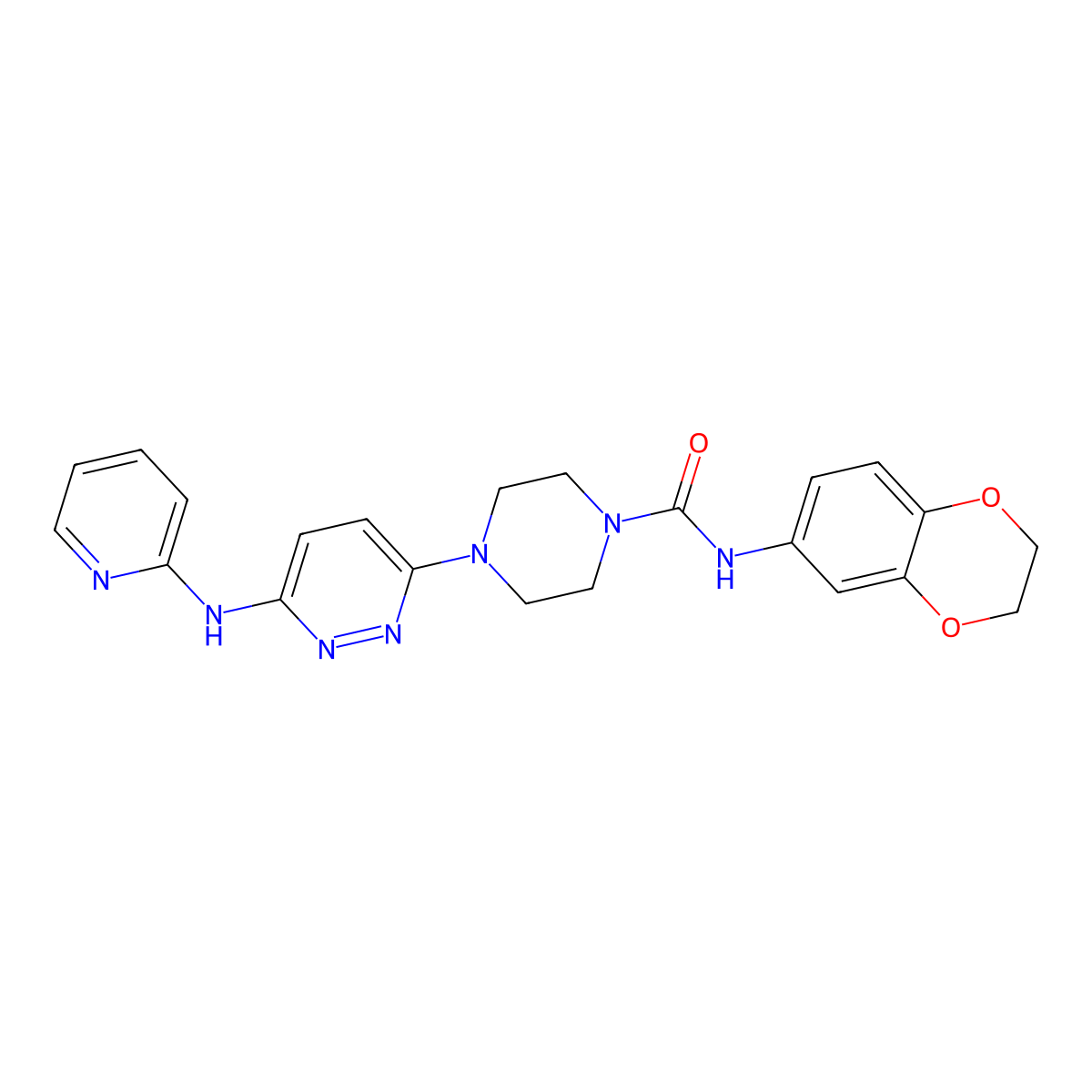 N-(2,3-dihydrobenzo[b][1,4]dioxin-6-yl)-4-(6-(pyridin-2-ylamino)pyridazin-3-yl)piperazine-1-carboxamide molecular structure, CAS 1021223-85-7