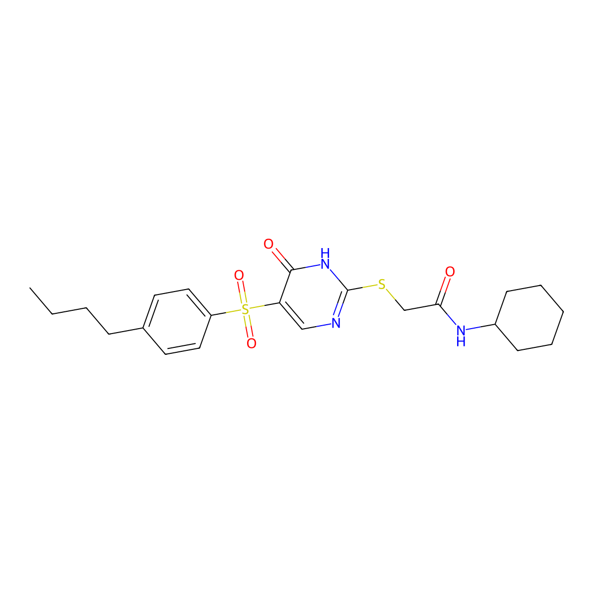 2-{[5-(4-butylbenzenesulfonyl)-6-oxo-1,6-dihydropyrimidin-2-yl]sulfanyl}-N-cyclohexylacetamide molecular structure, CAS 1021224-04-3