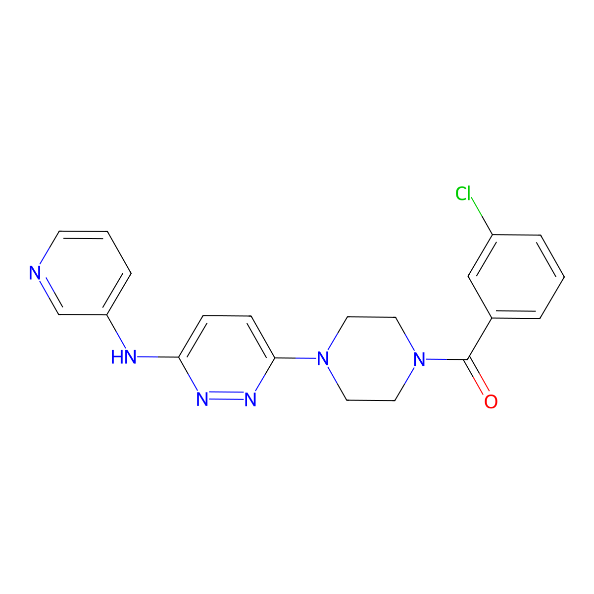 (3-Chlorophenyl)(4-(6-(pyridin-3-ylamino)pyridazin-3-yl)piperazin-1-yl)methanone molecular structure, CAS 1021224-05-4
