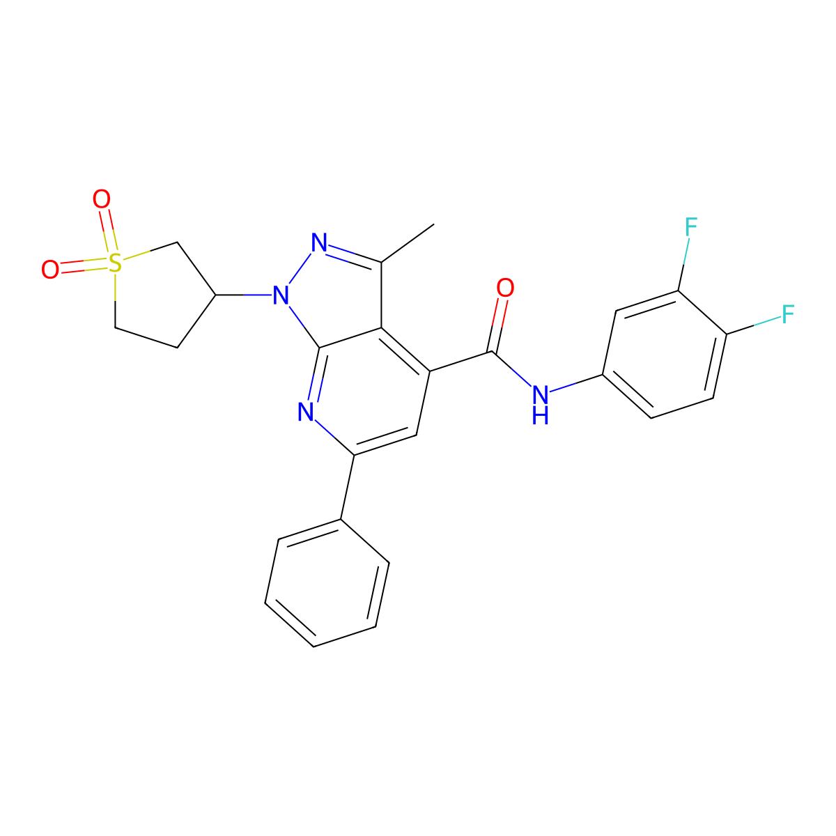 N-(3,4-difluorophenyl)-1-(1,1-dioxidotetrahydrothiophen-3-yl)-3-methyl-6-phenyl-1H-pyrazolo[3,4-b]pyridine-4-carboxamide molecular structure, CAS 1021224-09-8