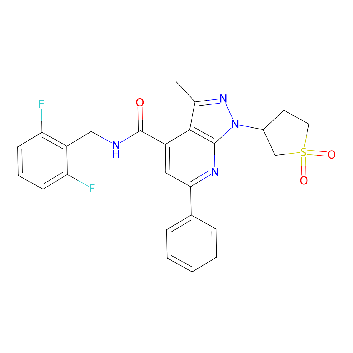 N-(2,6-difluorobenzyl)-1-(1,1-dioxidotetrahydrothiophen-3-yl)-3-methyl-6-phenyl-1H-pyrazolo[3,4-b]pyridine-4-carboxamide molecular structure, CAS 1021224-15-6