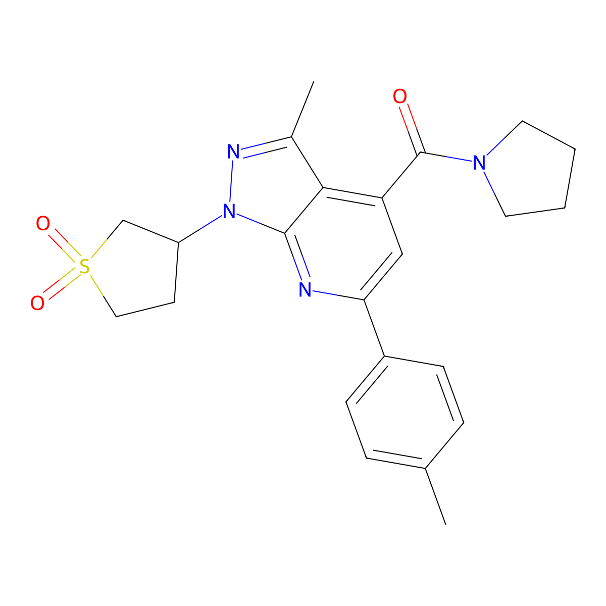 (1-(1,1-dioxidotetrahydrothiophen-3-yl)-3-methyl-6-(p-tolyl)-1H-pyrazolo[3,4-b]pyridin-4-yl)(pyrrolidin-1-yl)methanone molecular structure, CAS 1021224-25-8