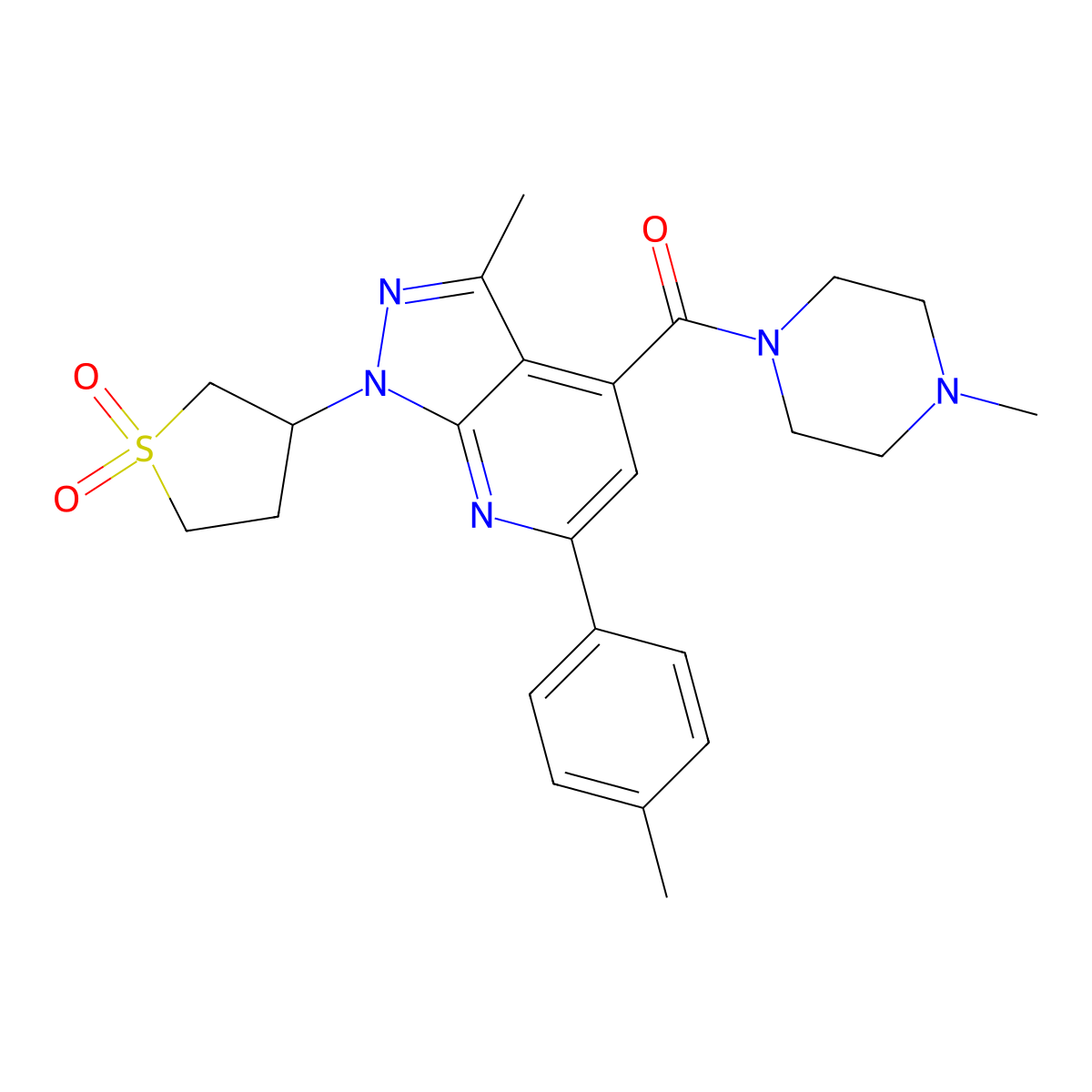 (1-(1,1-dioxidotetrahydrothiophen-3-yl)-3-methyl-6-(p-tolyl)-1H-pyrazolo[3,4-b]pyridin-4-yl)(4-methylpiperazin-1-yl)methanone molecular structure, CAS 1021224-29-2