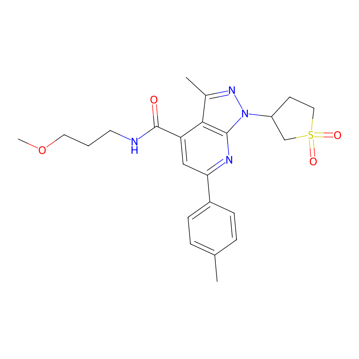 1-(1,1-dioxidotetrahydrothiophen-3-yl)-N-(3-methoxypropyl)-3-methyl-6-(p-tolyl)-1H-pyrazolo[3,4-b]pyridine-4-carboxamide molecular structure, CAS 1021224-37-2