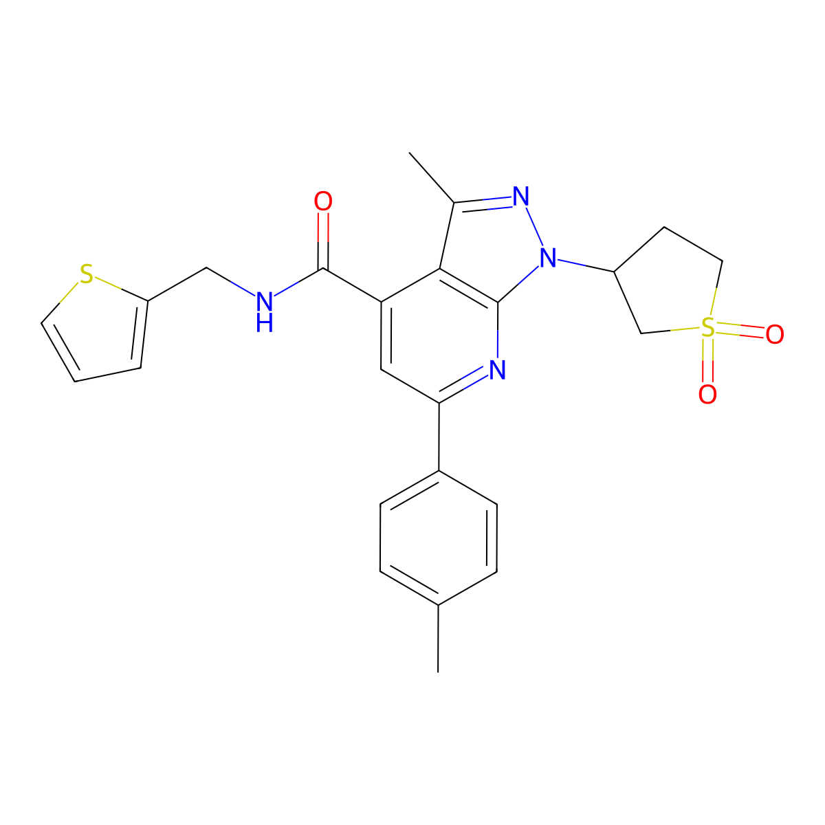 1-(1,1-dioxidotetrahydrothiophen-3-yl)-3-methyl-N-(thiophen-2-ylmethyl)-6-(p-tolyl)-1H-pyrazolo[3,4-b]pyridine-4-carboxamide molecular structure, CAS 1021224-53-2