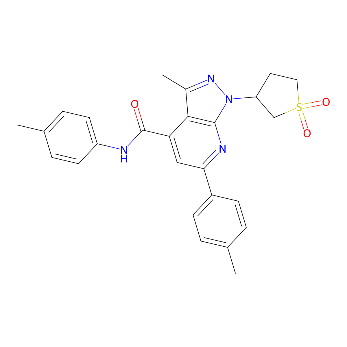 1-(1,1-dioxidotetrahydrothiophen-3-yl)-3-methyl-N,6-di-p-tolyl-1H-pyrazolo[3,4-b]pyridine-4-carboxamide molecular structure, CAS 1021224-57-6