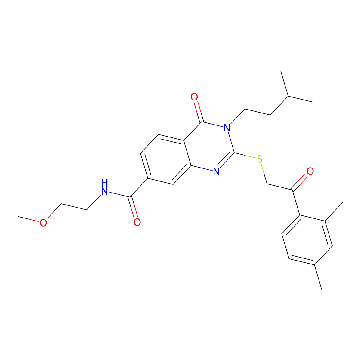 2-{[2-(2,4-dimethylphenyl)-2-oxoethyl]sulfanyl}-N-(2-methoxyethyl)-3-(3-methylbutyl)-4-oxo-3,4-dihydroquinazoline-7-carboxamide molecular structure, CAS 1021224-58-7