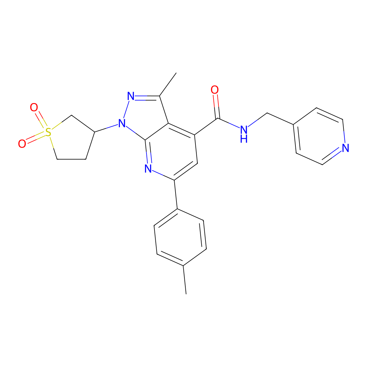 1-(1,1-dioxidotetrahydrothiophen-3-yl)-3-methyl-N-(pyridin-4-ylmethyl)-6-(p-tolyl)-1H-pyrazolo[3,4-b]pyridine-4-carboxamide molecular structure, CAS 1021224-61-2