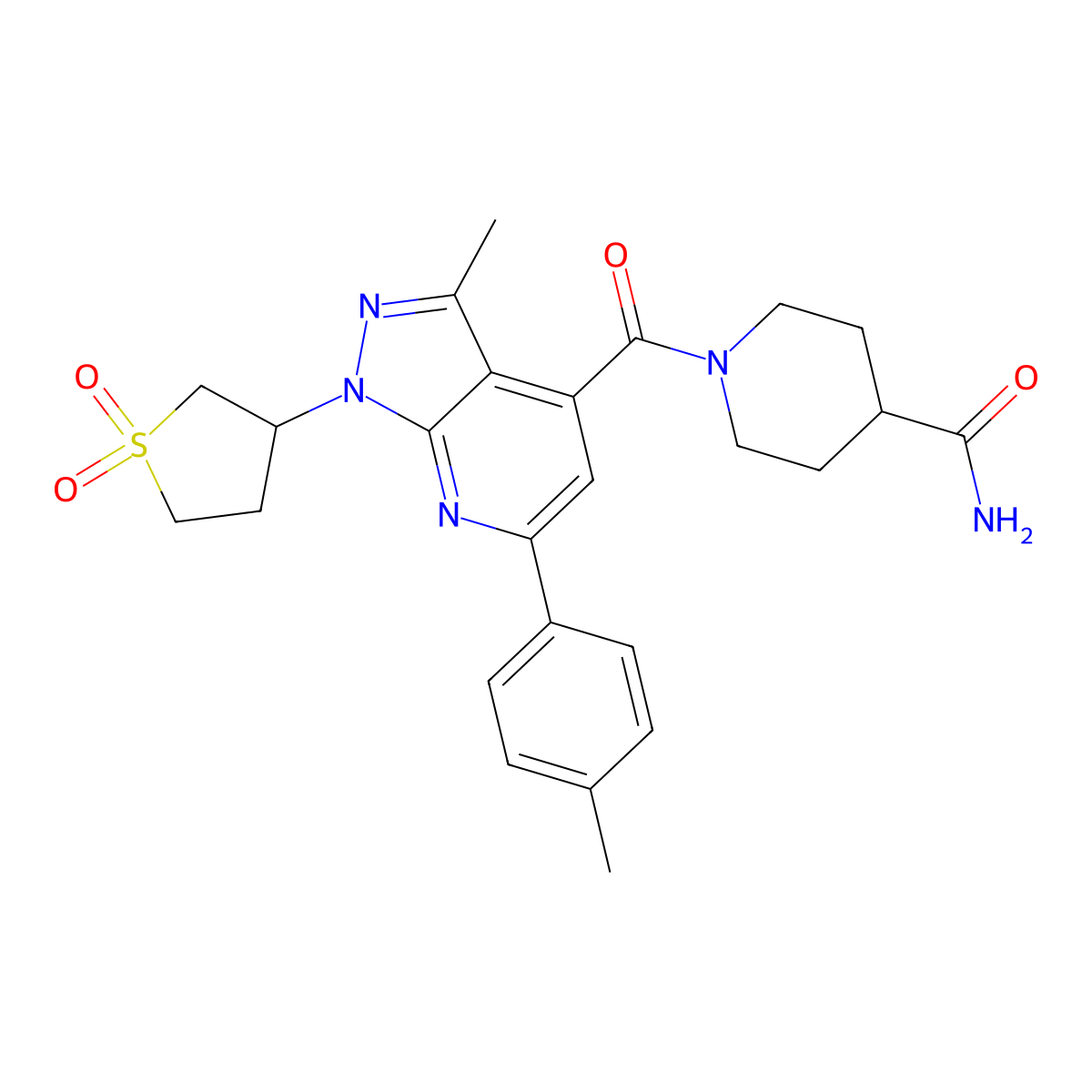 1-(1-(1,1-dioxidotetrahydrothiophen-3-yl)-3-methyl-6-(p-tolyl)-1H-pyrazolo[3,4-b]pyridine-4-carbonyl)piperidine-4-carboxamide molecular structure, CAS 1021224-64-5