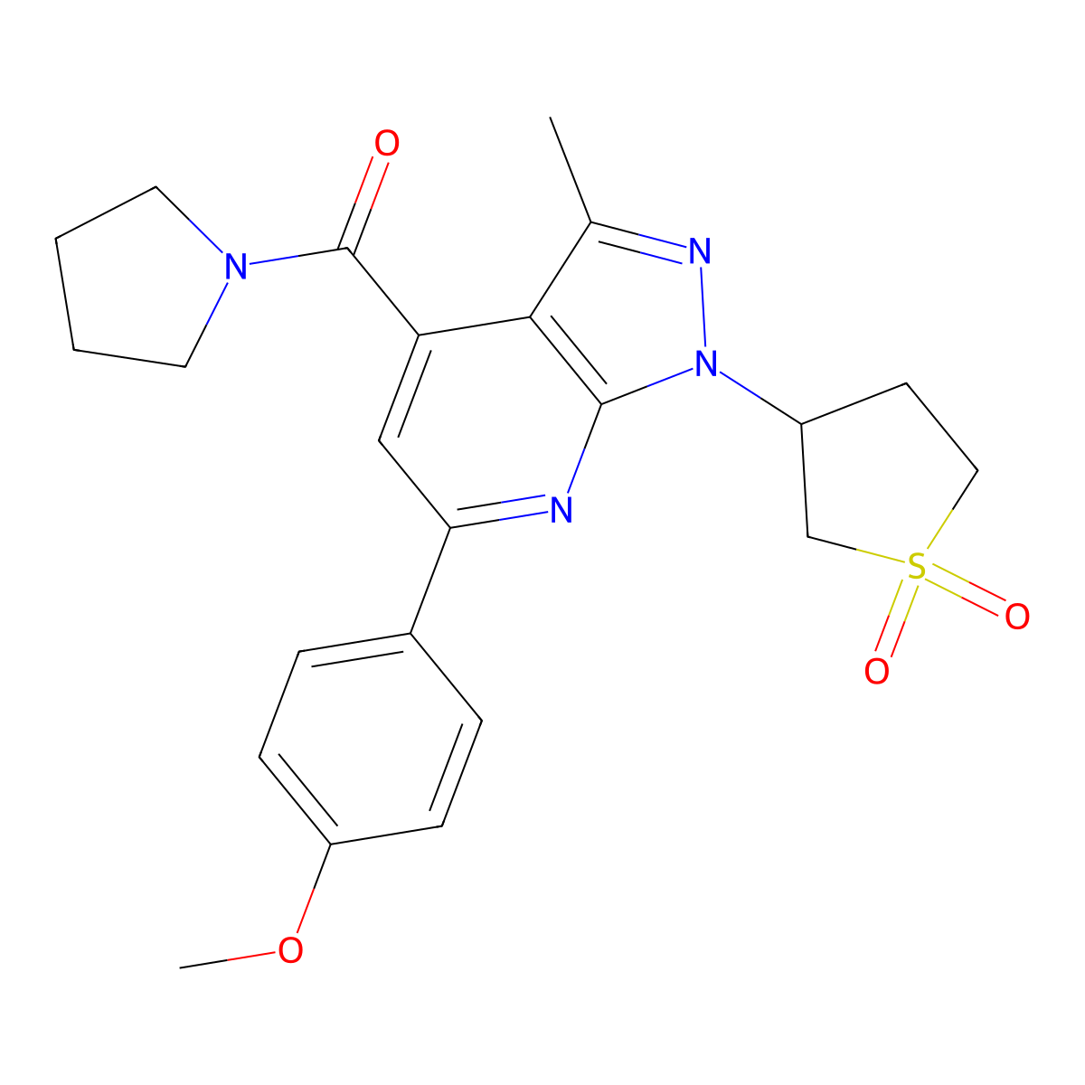 (1-(1,1-dioxidotetrahydrothiophen-3-yl)-6-(4-methoxyphenyl)-3-methyl-1H-pyrazolo[3,4-b]pyridin-4-yl)(pyrrolidin-1-yl)methanone molecular structure, CAS 1021224-68-9