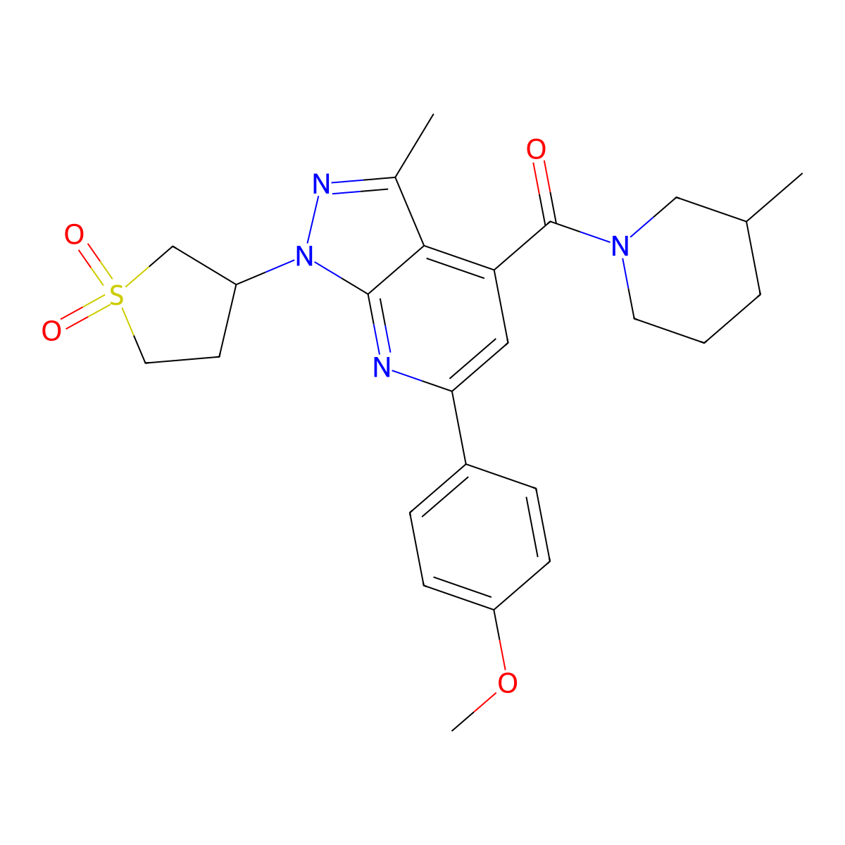 (1-(1,1-dioxidotetrahydrothiophen-3-yl)-6-(4-methoxyphenyl)-3-methyl-1H-pyrazolo[3,4-b]pyridin-4-yl)(3-methylpiperidin-1-yl)methanone molecular structure, CAS 1021224-72-5