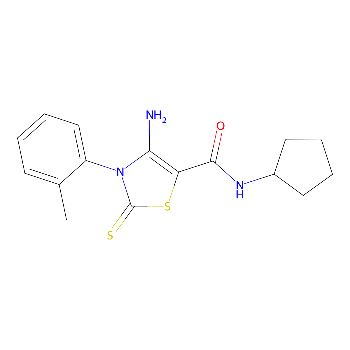 4-amino-N-cyclopentyl-3-(2-methylphenyl)-2-sulfanylidene-2,3-dihydro-1,3-thiazole-5-carboxamide molecular structure, CAS 1021224-77-0