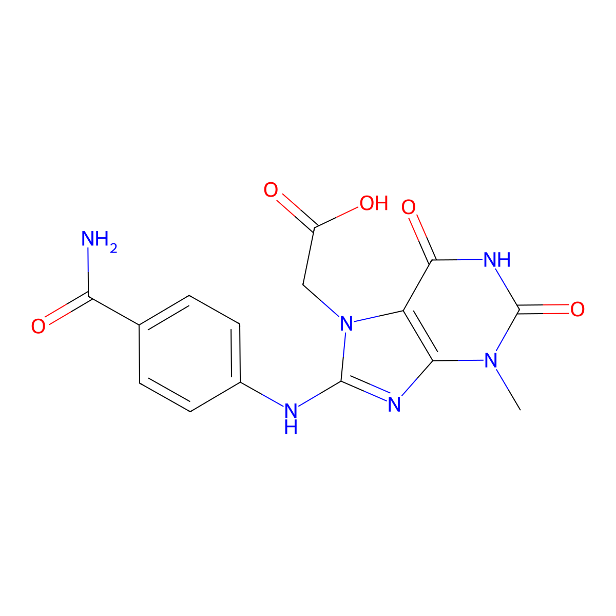 2-(8-((4-carbamoylphenyl)amino)-3-methyl-2,6-dioxo-2,3-dihydro-1H-purin-7(6H)-yl)acetic acid molecular structure, CAS 1021225-03-5