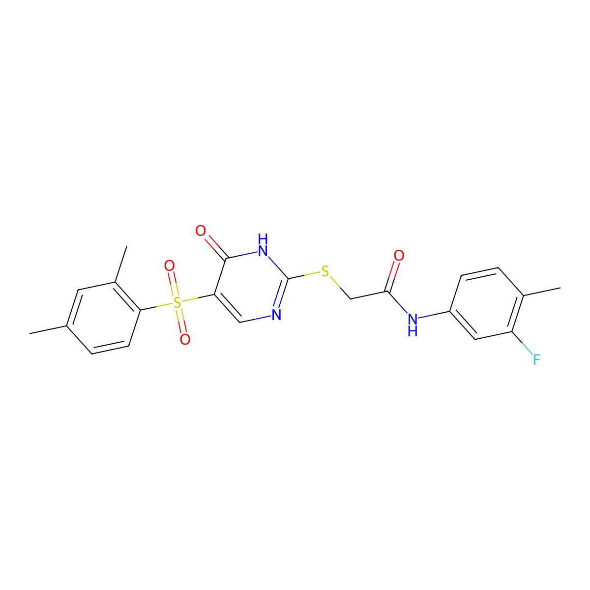 2-{[5-(2,4-dimethylbenzenesulfonyl)-6-oxo-1,6-dihydropyrimidin-2-yl]sulfanyl}-N-(3-fluoro-4-methylphenyl)acetamide molecular structure, CAS 1021225-06-8