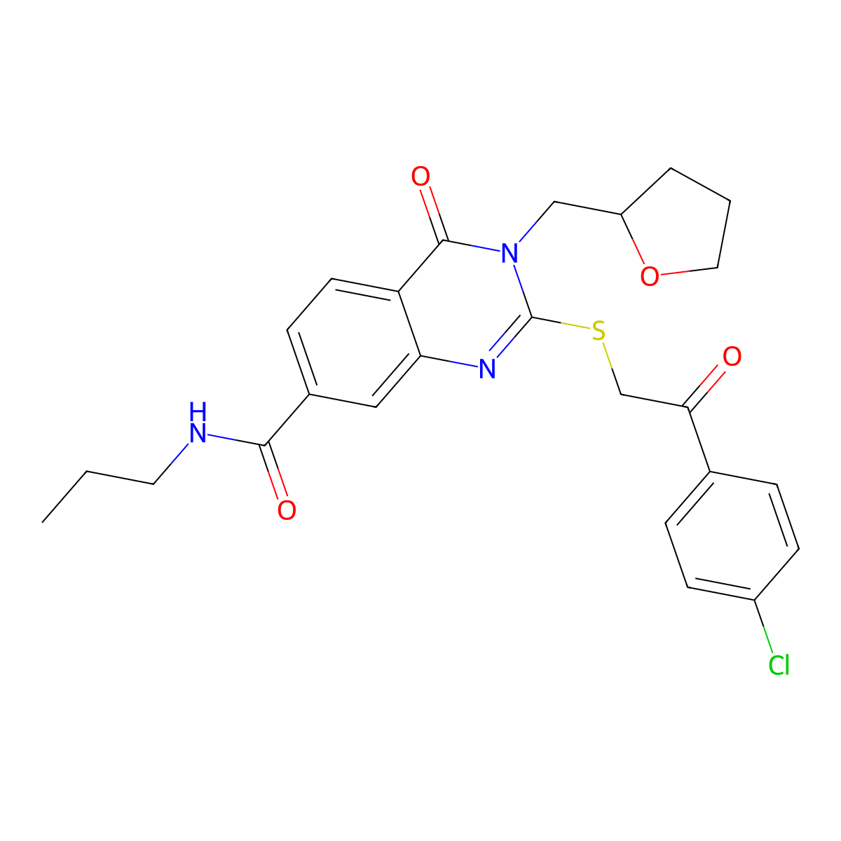 2-((2-(4-chlorophenyl)-2-oxoethyl)thio)-4-oxo-N-propyl-3-((tetrahydrofuran-2-yl)methyl)-3,4-dihydroquinazoline-7-carboxamide molecular structure, CAS 1021225-11-5