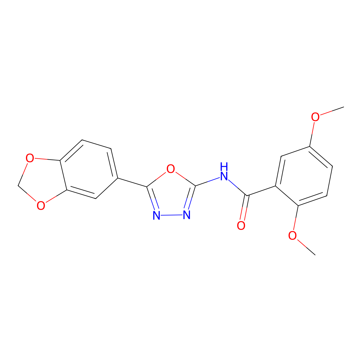 N-(5-(benzo[d][1,3]dioxol-5-yl)-1,3,4-oxadiazol-2-yl)-2,5-dimethoxybenzamide molecular structure, CAS 1021225-14-8