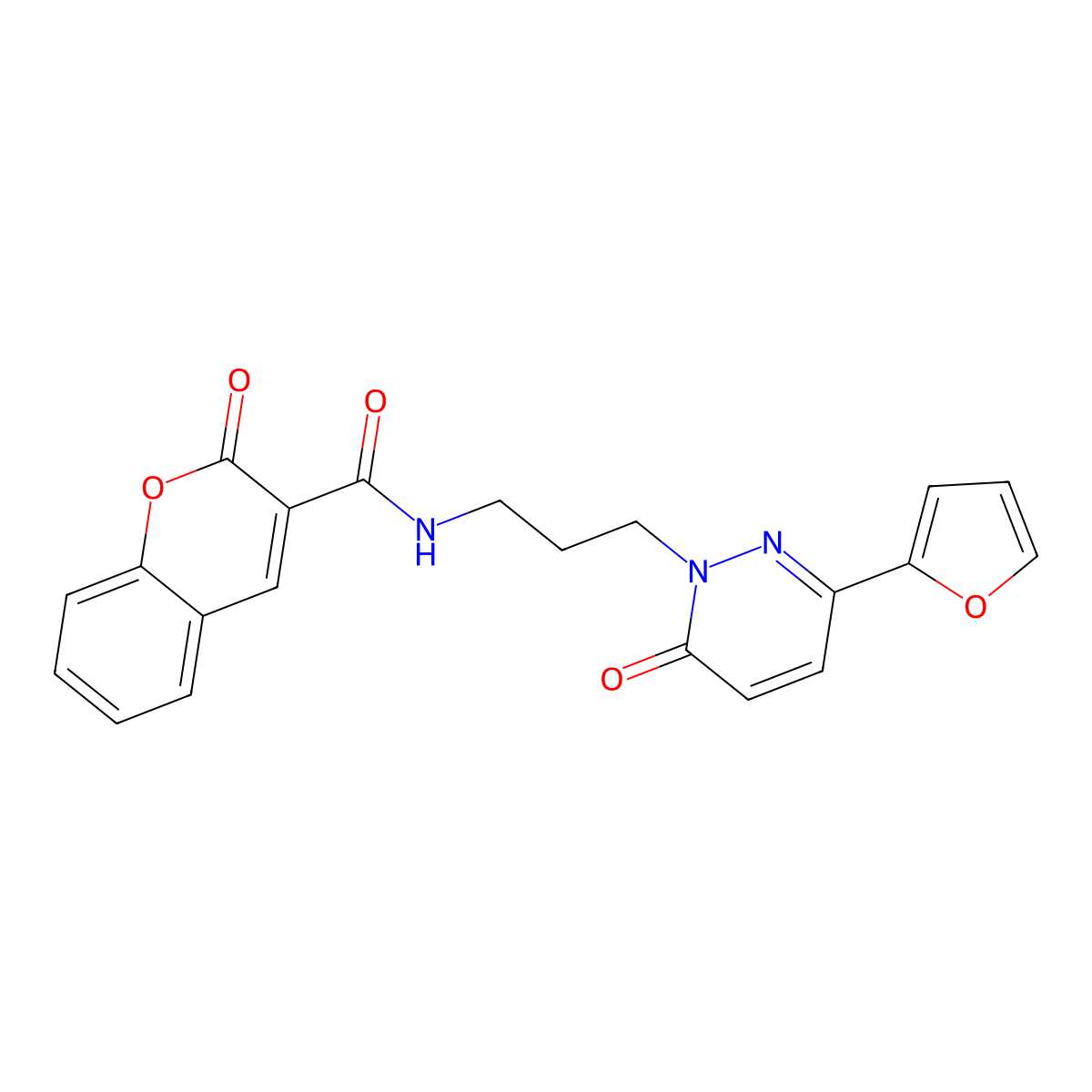 N-{3-[3-(furan-2-yl)-6-oxo-1,6-dihydropyridazin-1-yl]propyl}-2-oxo-2H-chromene-3-carboxamide molecular structure, CAS 1021225-58-0