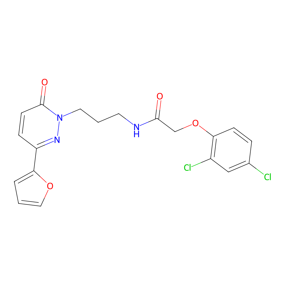 2-(2,4-dichlorophenoxy)-N-(3-(3-(furan-2-yl)-6-oxopyridazin-1(6H)-yl)propyl)acetamide molecular structure, CAS 1021225-62-6