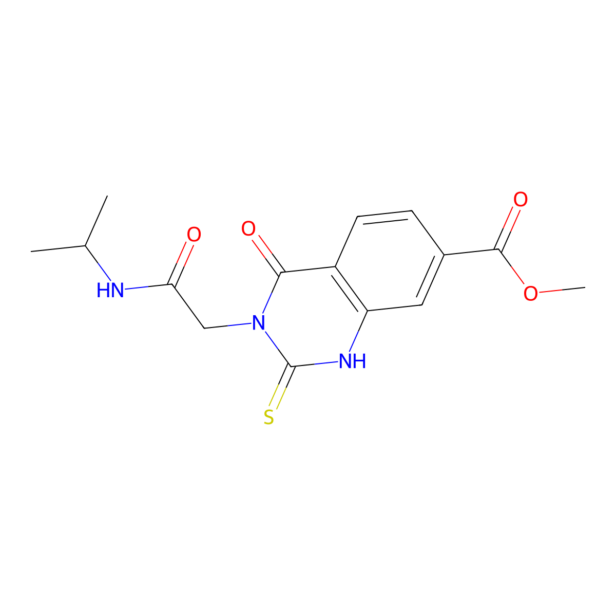 Methyl 4-oxo-3-{[(propan-2-yl)carbamoyl]methyl}-2-sulfanylidene-1,2,3,4-tetrahydroquinazoline-7-carboxylate molecular structure, CAS 1021225-63-7