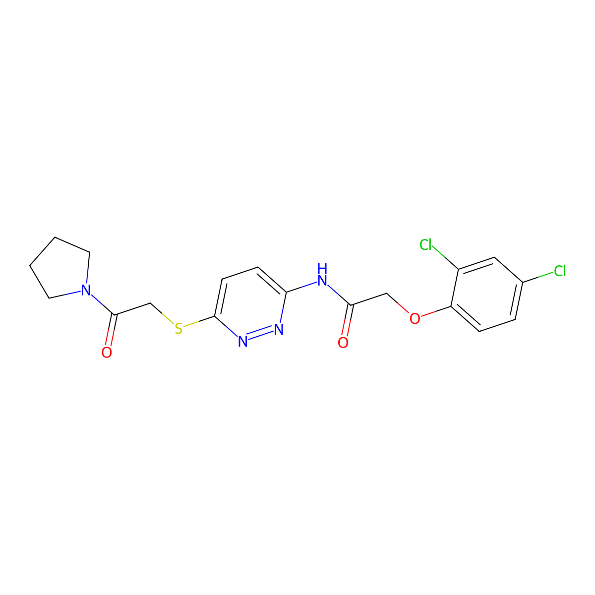 2-(2,4-dichlorophenoxy)-N-(6-((2-oxo-2-(pyrrolidin-1-yl)ethyl)thio)pyridazin-3-yl)acetamide molecular structure, CAS 1021225-70-6