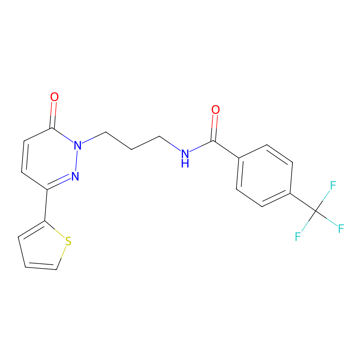 N-{3-[6-oxo-3-(thiophen-2-yl)-1,6-dihydropyridazin-1-yl]propyl}-4-(trifluoromethyl)benzamide molecular structure, CAS 1021225-76-2