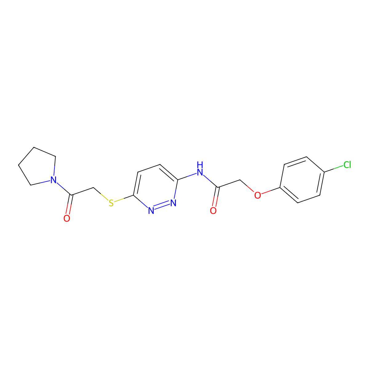 2-(4-chlorophenoxy)-N-(6-((2-oxo-2-(pyrrolidin-1-yl)ethyl)thio)pyridazin-3-yl)acetamide molecular structure, CAS 1021225-80-8