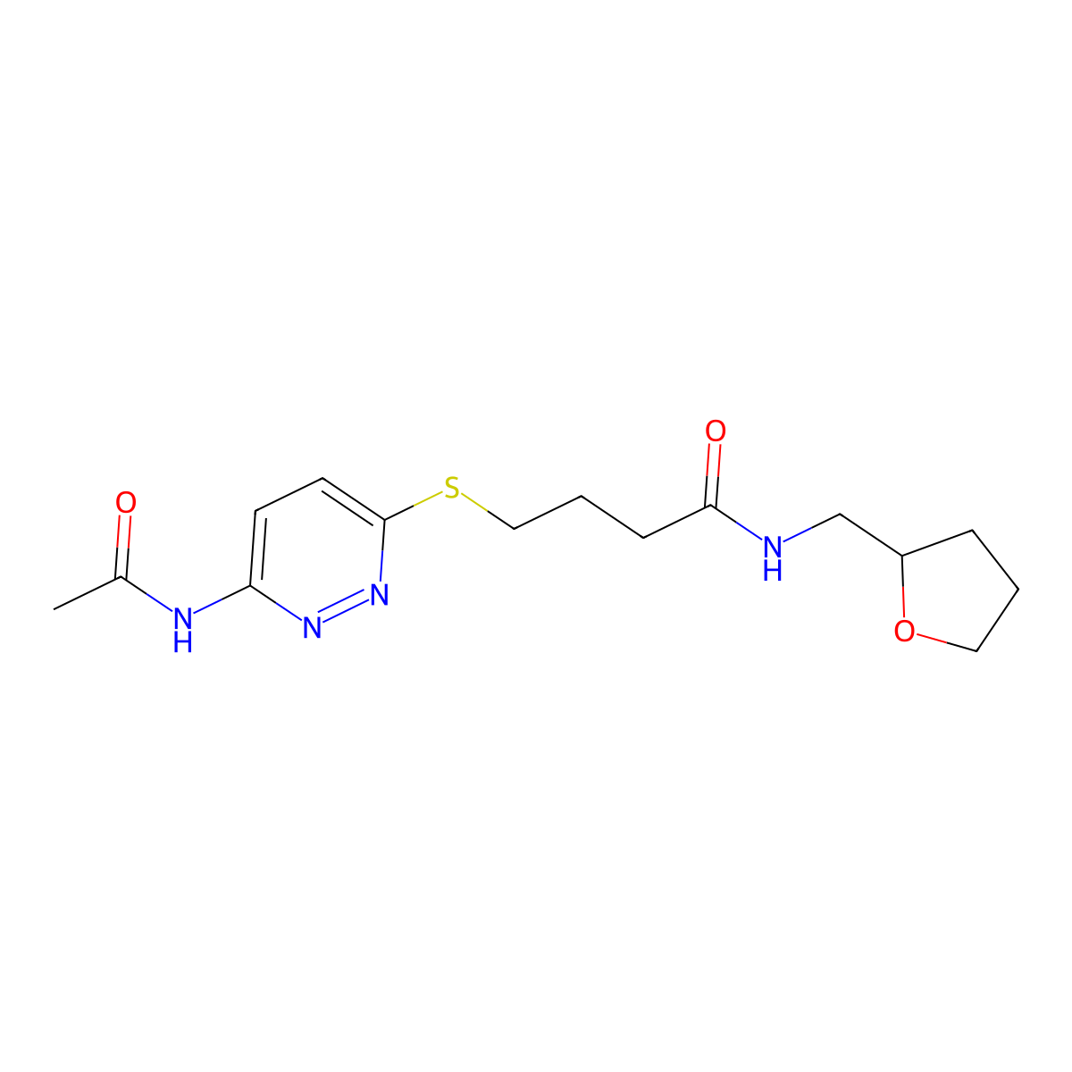 4-((6-acetamidopyridazin-3-yl)thio)-N-((tetrahydrofuran-2-yl)methyl)butanamide molecular structure, CAS 1021225-90-0