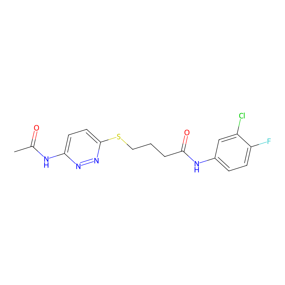 4-((6-acetamidopyridazin-3-yl)thio)-N-(3-chloro-4-fluorophenyl)butanamide molecular structure, CAS 1021225-96-6