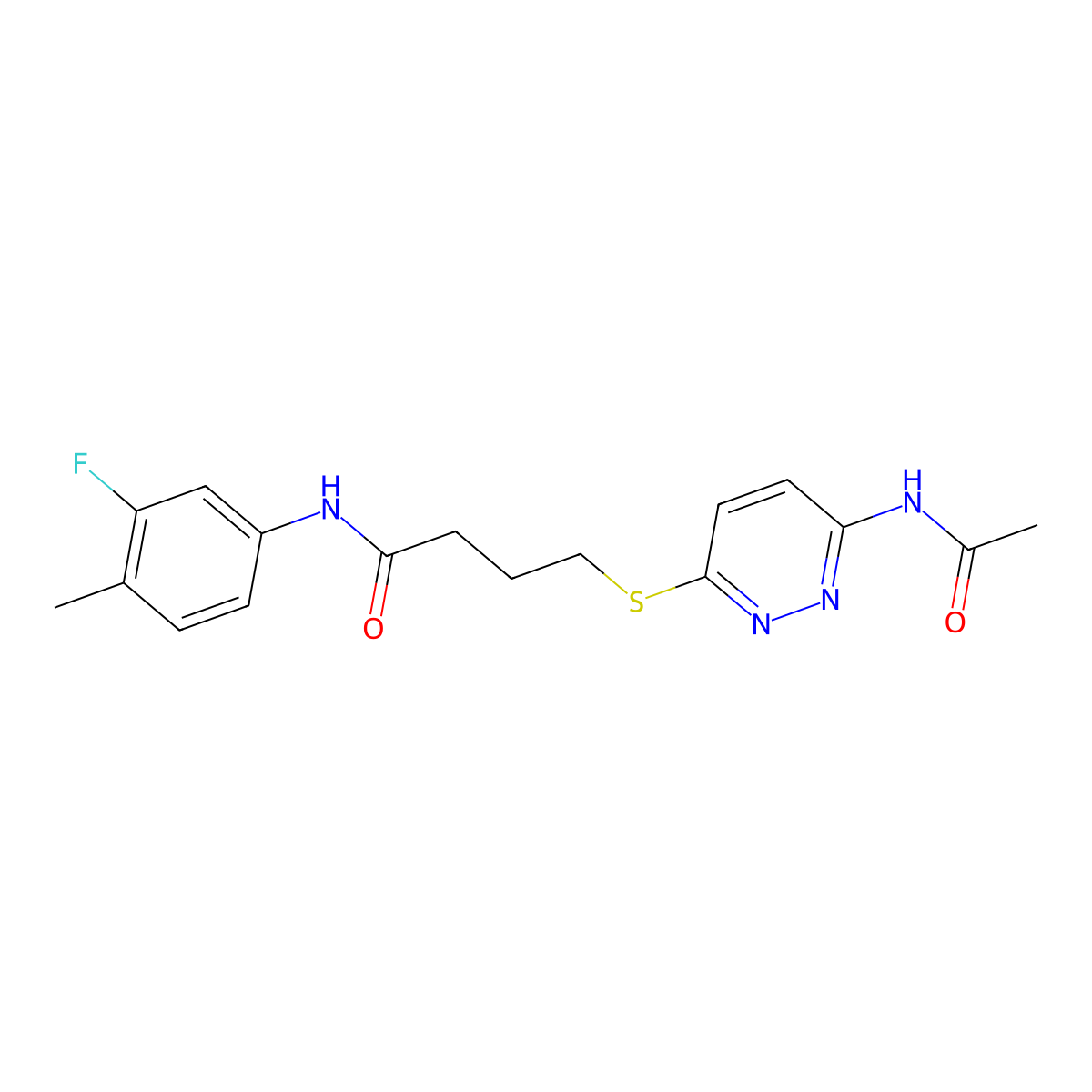 4-((6-acetamidopyridazin-3-yl)thio)-N-(3-fluoro-4-methylphenyl)butanamide molecular structure, CAS 1021225-99-9