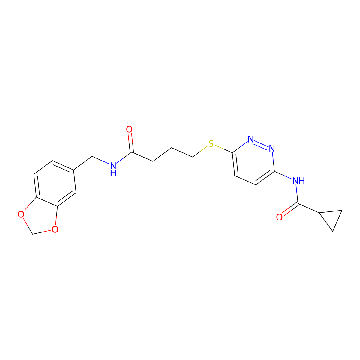 N-(6-((4-((benzo[d][1,3]dioxol-5-ylmethyl)amino)-4-oxobutyl)thio)pyridazin-3-yl)cyclopropanecarboxamide molecular structure, CAS 1021226-02-7