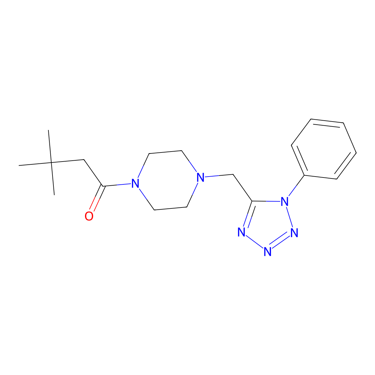 3,3-dimethyl-1-(4-((1-phenyl-1H-tetrazol-5-yl)methyl)piperazin-1-yl)butan-1-one molecular structure, CAS 1021226-19-6