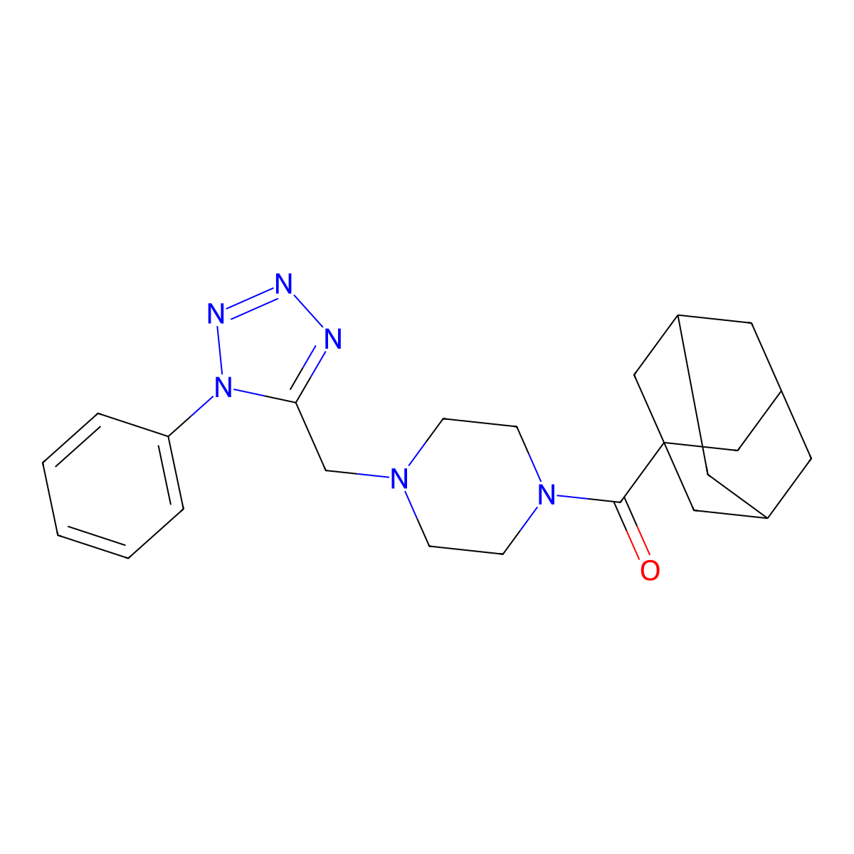 (3r,5r,7r)-adamantan-1-yl(4-((1-phenyl-1H-tetrazol-5-yl)methyl)piperazin-1-yl)methanone molecular structure, CAS 1021226-21-0