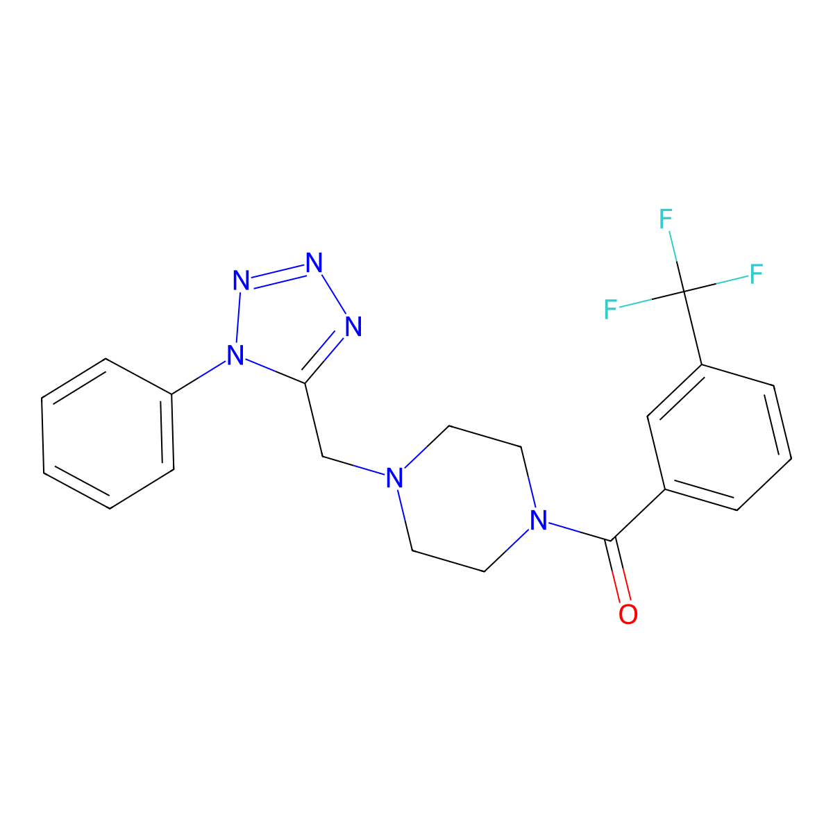 (4-((1-phenyl-1H-tetrazol-5-yl)methyl)piperazin-1-yl)(3-(trifluoromethyl)phenyl)methanone molecular structure, CAS 1021226-32-3