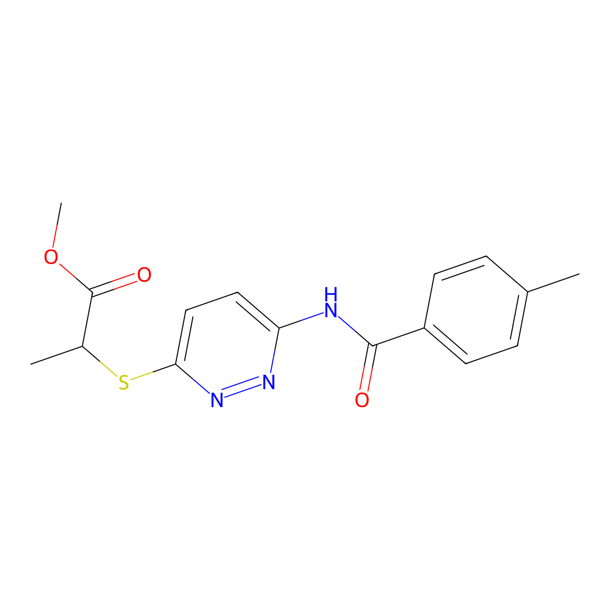 Methyl 2-((6-(4-methylbenzamido)pyridazin-3-yl)thio)propanoate molecular structure, CAS 1021226-40-3