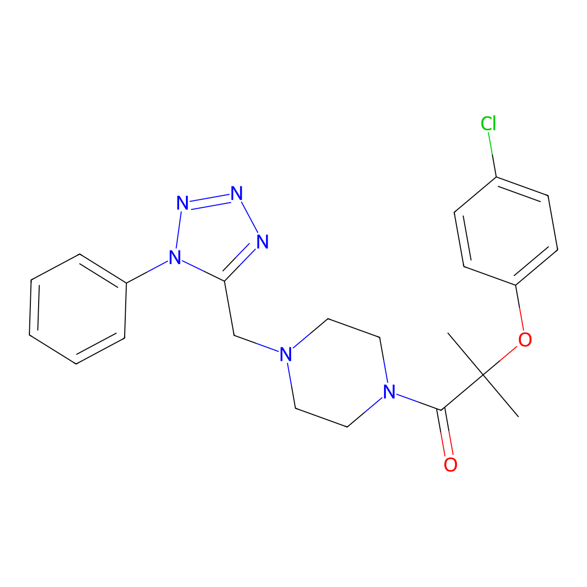 2-(4-chlorophenoxy)-2-methyl-1-(4-((1-phenyl-1H-tetrazol-5-yl)methyl)piperazin-1-yl)propan-1-one molecular structure, CAS 1021226-43-6