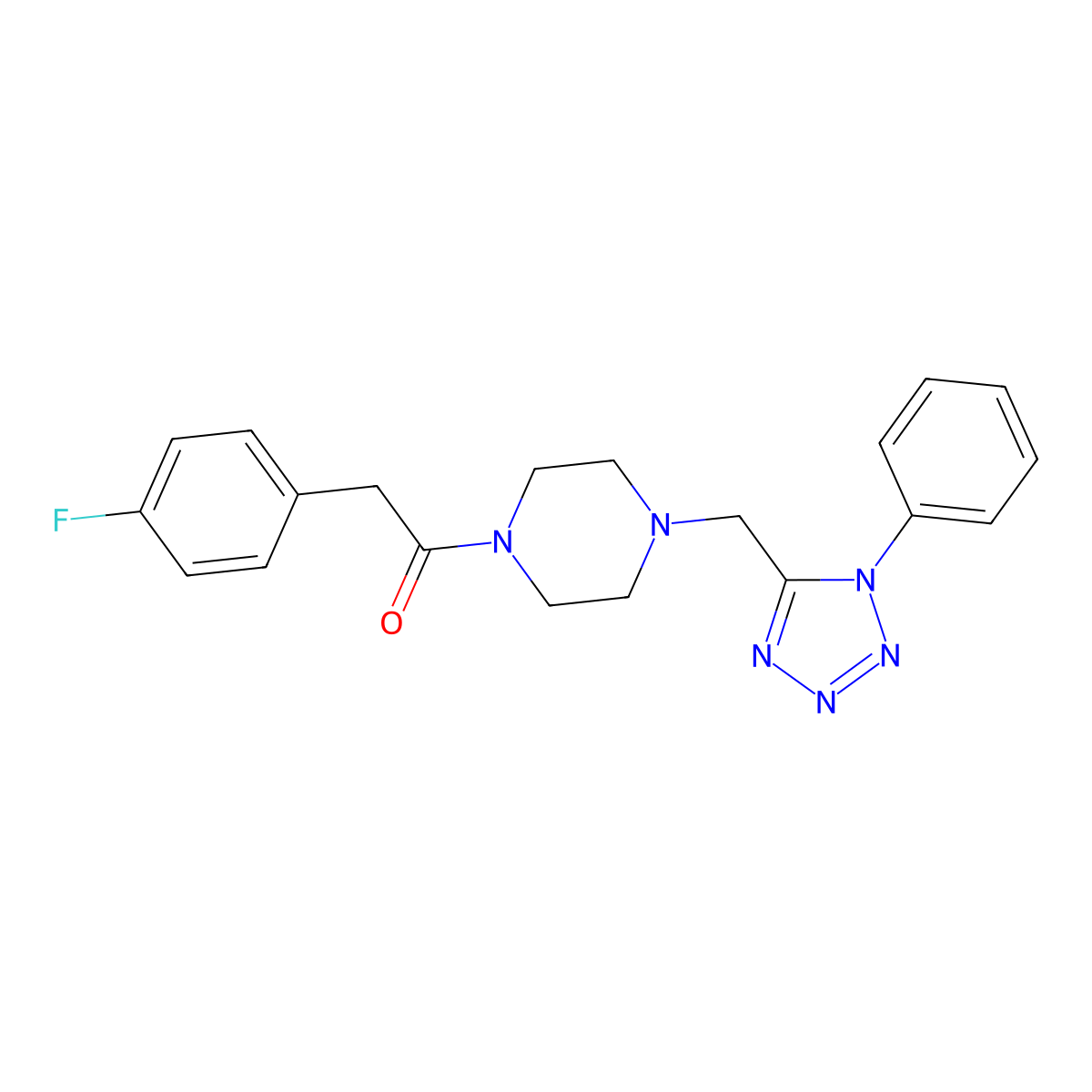 2-(4-fluorophenyl)-1-(4-((1-phenyl-1H-tetrazol-5-yl)methyl)piperazin-1-yl)ethanone molecular structure, CAS 1021226-50-5