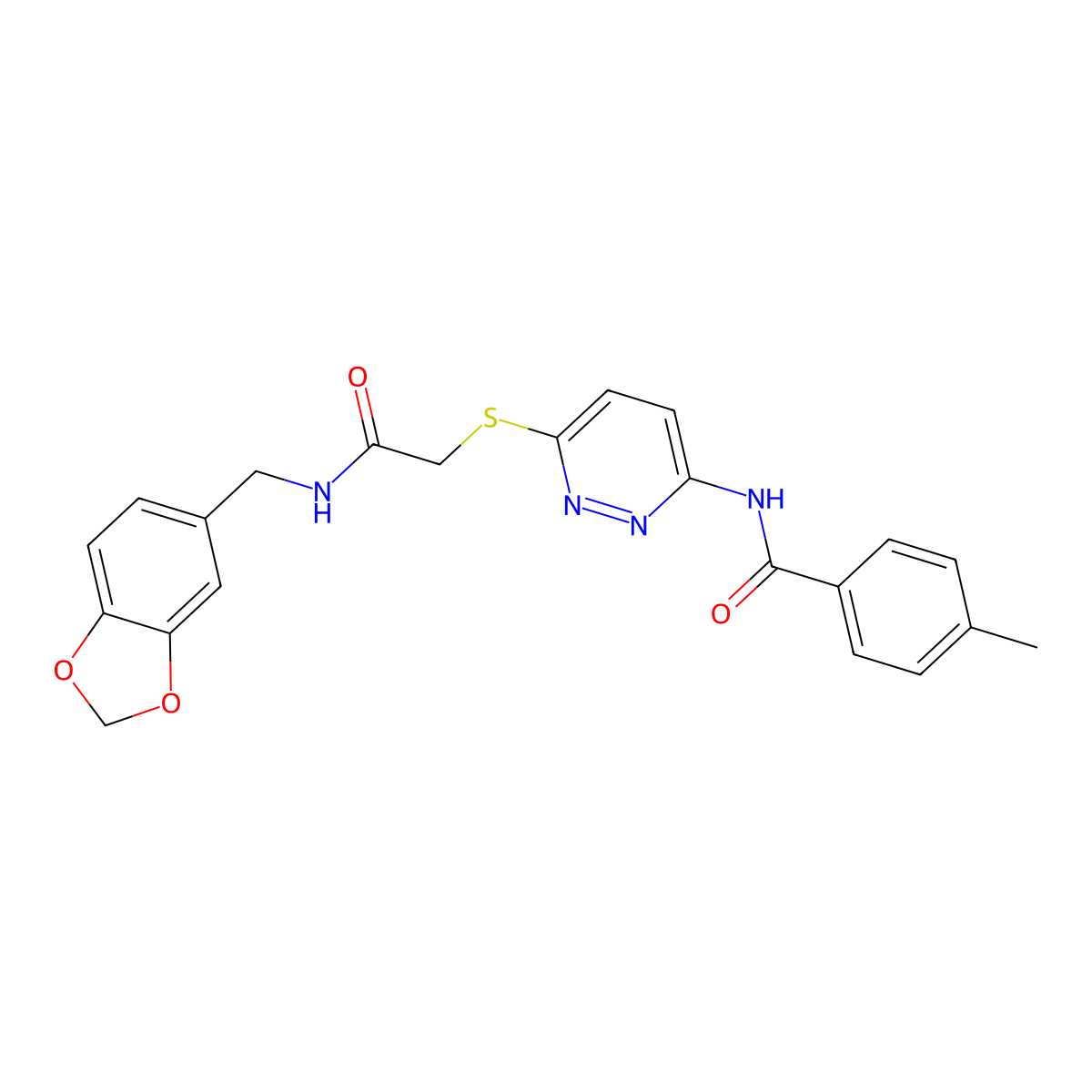 N-(6-((2-((benzo[d][1,3]dioxol-5-ylmethyl)amino)-2-oxoethyl)thio)pyridazin-3-yl)-4-methylbenzamide molecular structure, CAS 1021226-51-6